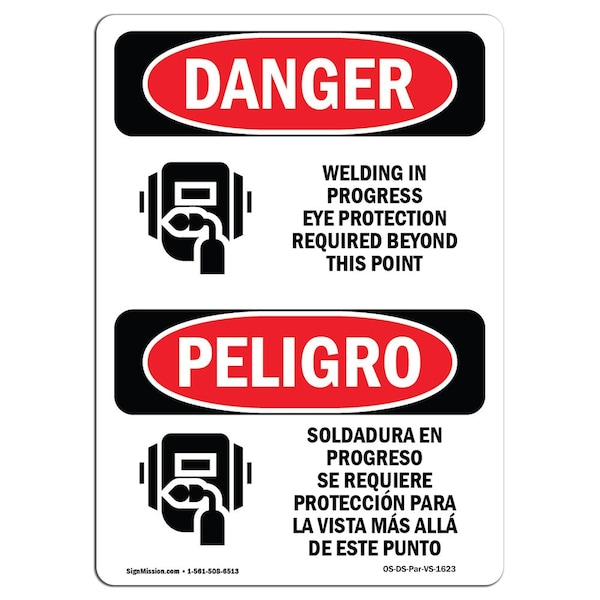 OSHA, Welding In Progress Eye Protection Bilingual, 18in X 12in Rigid Plastic, 12" W, 18" H, Spanish